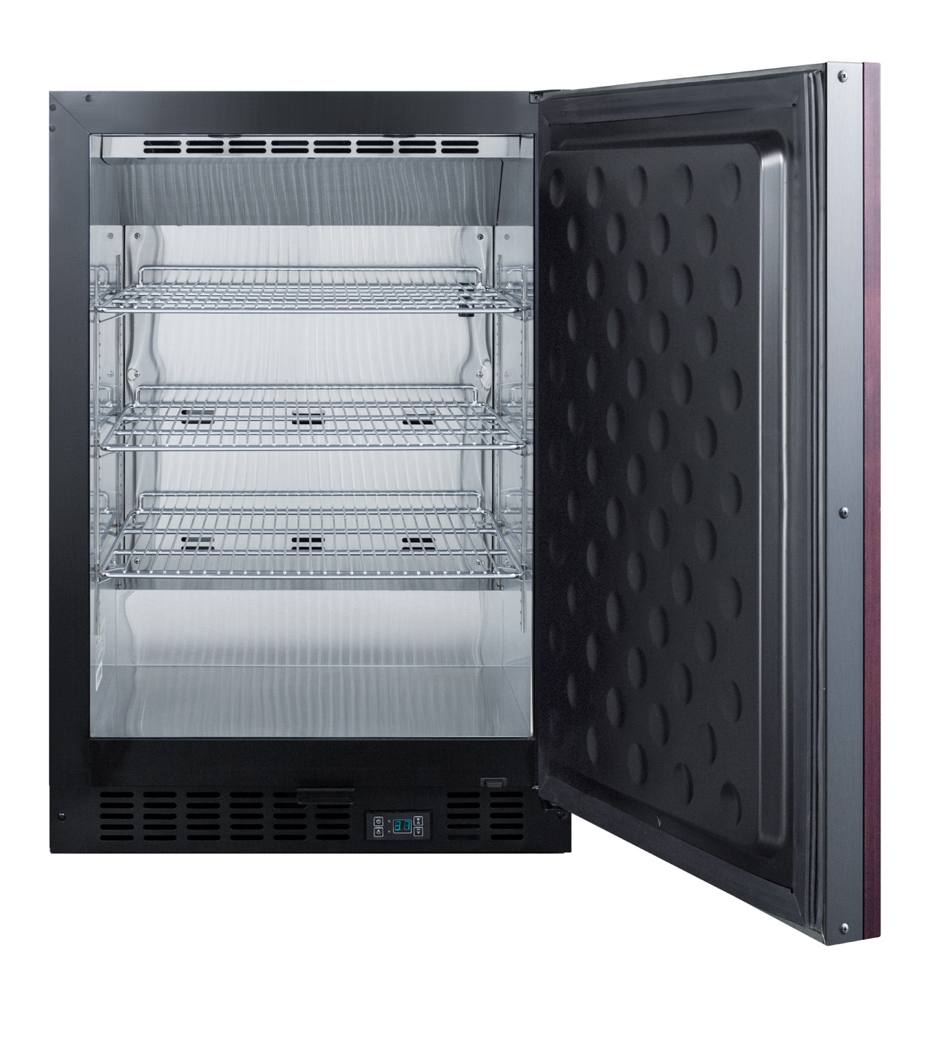 Built-in undercounter commercial all-refrigerator with panel-ready door, stainless steel interior, lock, and digital thermostat